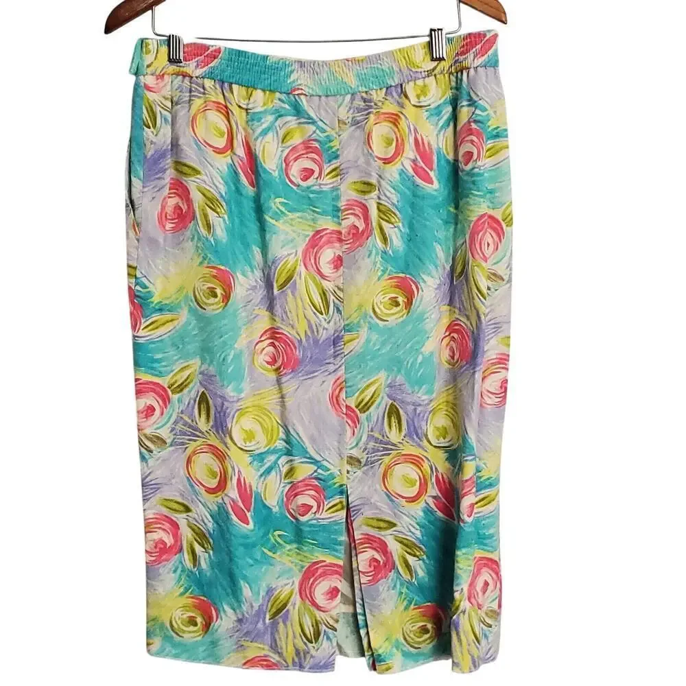Vintage Silk Skirt Womens Size 14  Blue Pink Midi Cottage Coquette 80s Glam Rock